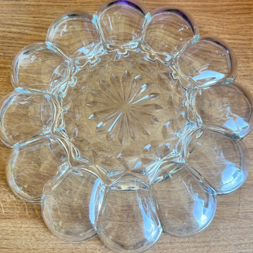Vintage Anchor Hocking Fairfield 12 Deviled Egg Clear Glass Scalloped Sunburst